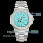 3K Factory Luxury Clone Patek Philippe Nautilus 5712 Tiffany Blue Stainless Steel Moon Phase Watch 